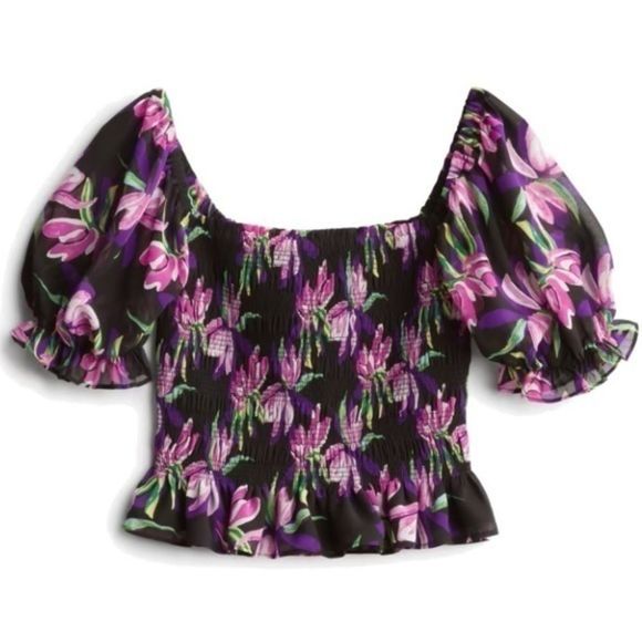 Wayf Puff Sleeve Floral Ruched Crop Top - Picture 1 of 12
